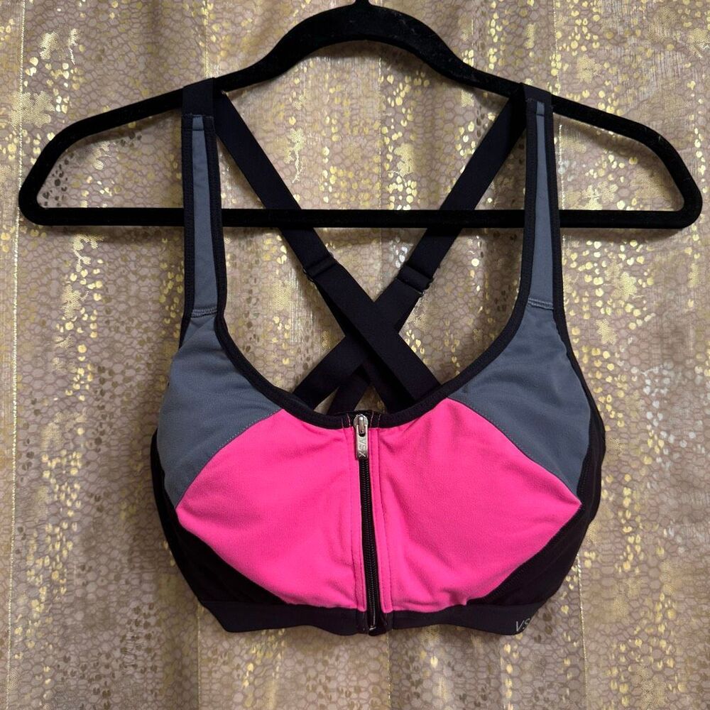 Victorias Secret Sport Hot Pink Black Cross Back Front Close Sports Bra 32DD